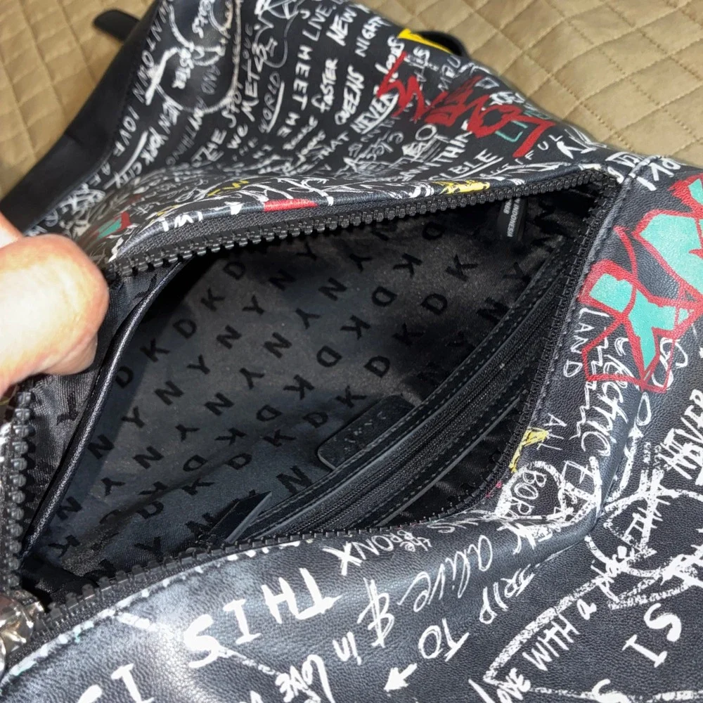 DKNY Graffiti Print Backpack Black Faux Leather NYC Street Art School Bag Large